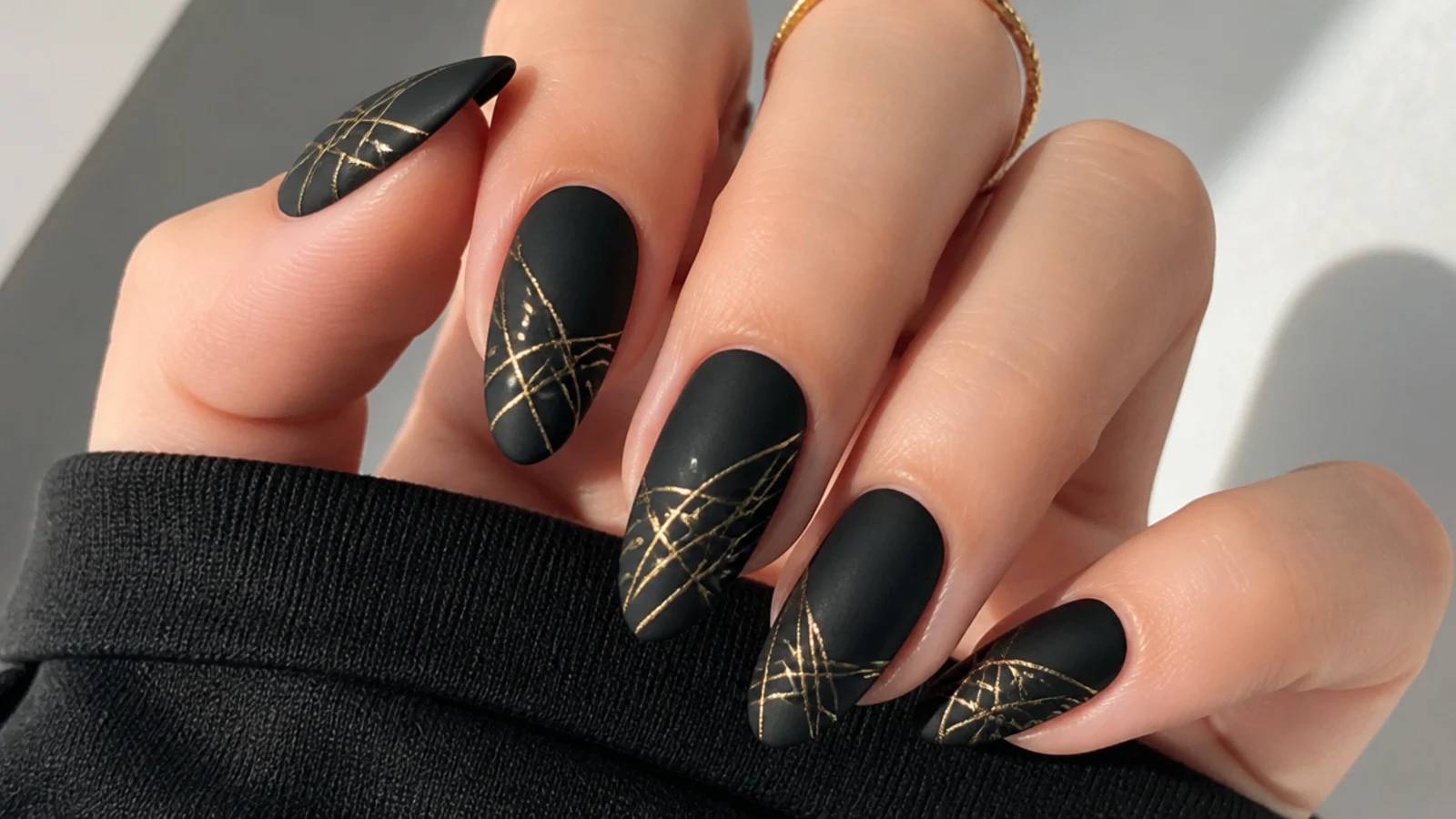 Matte black nails with fine gold spider gel line art