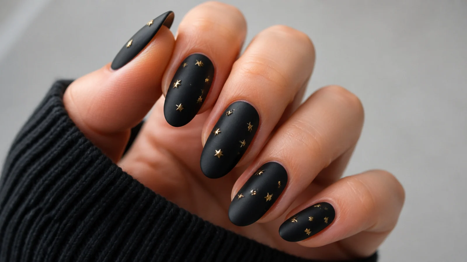 Matte black nails with small scattered gold star studs