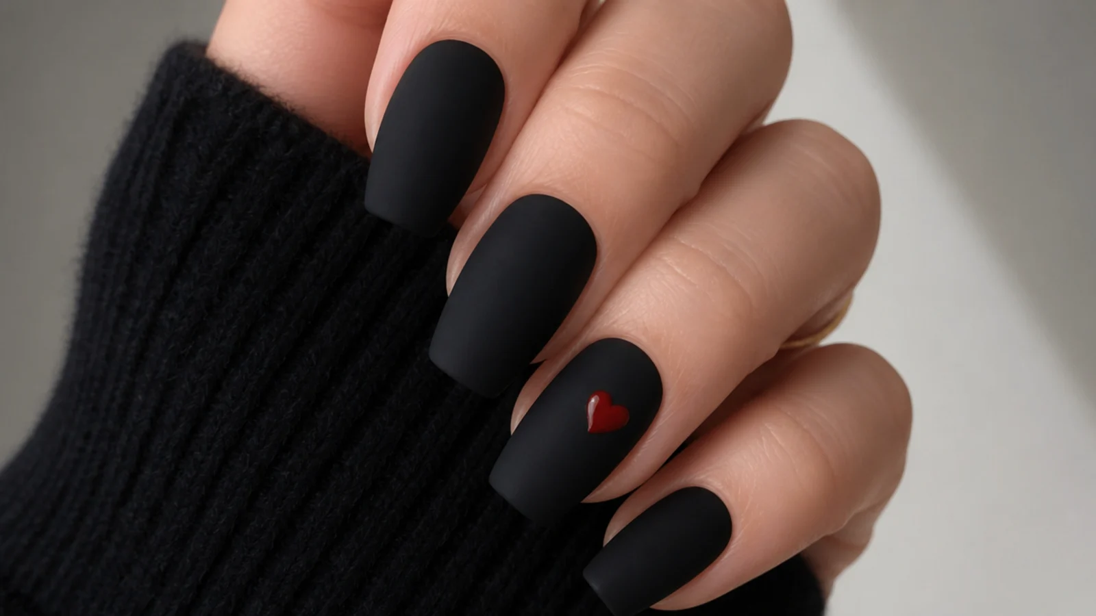 Matte black nails with a small glossy red heart accent
