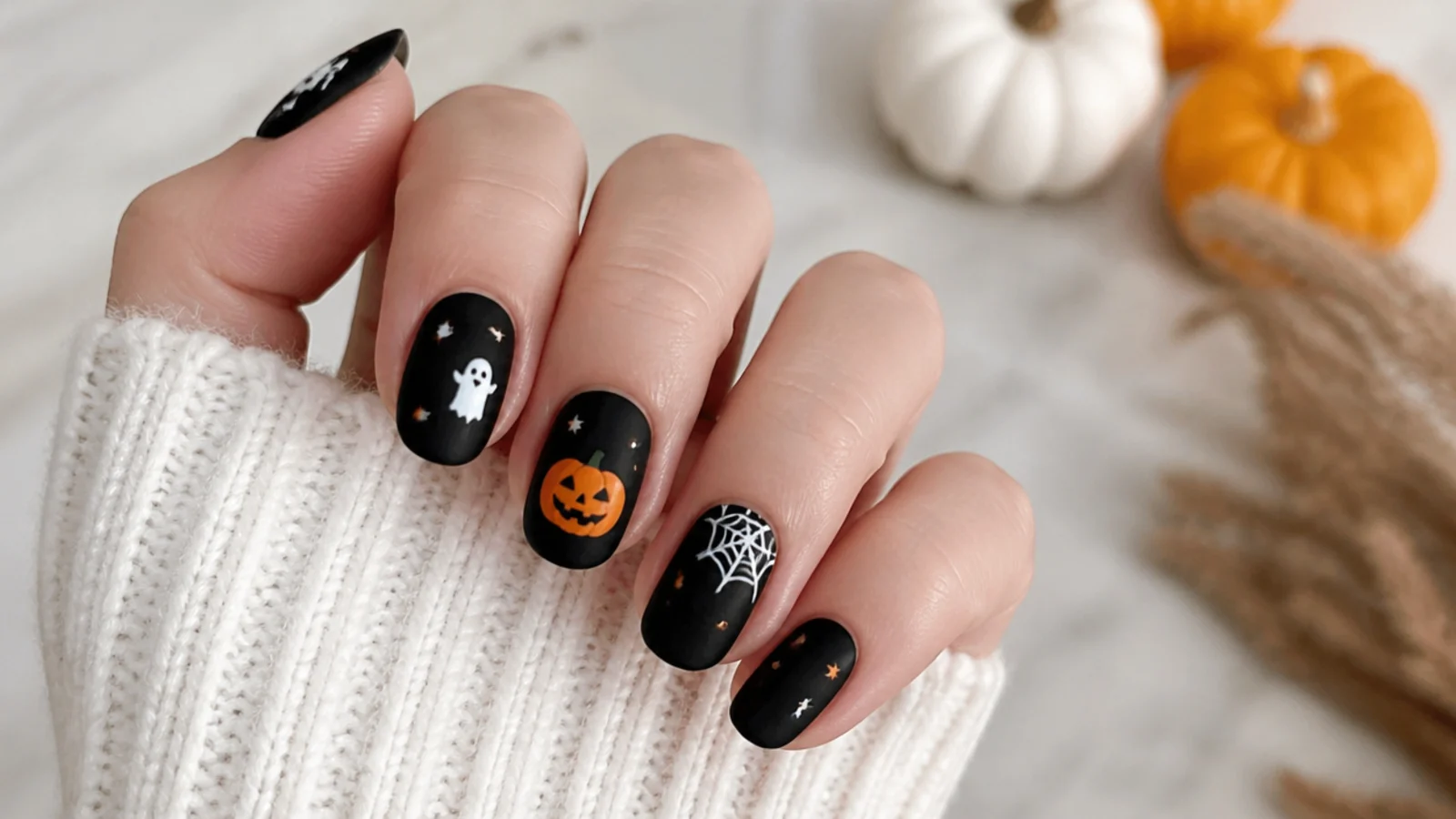 Matte black nails with tiny orange and white Halloween art