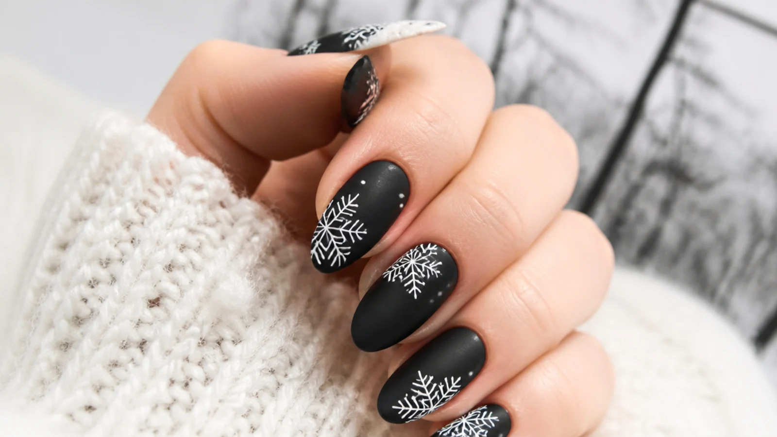 Matte black nails with delicate white snowflake line art