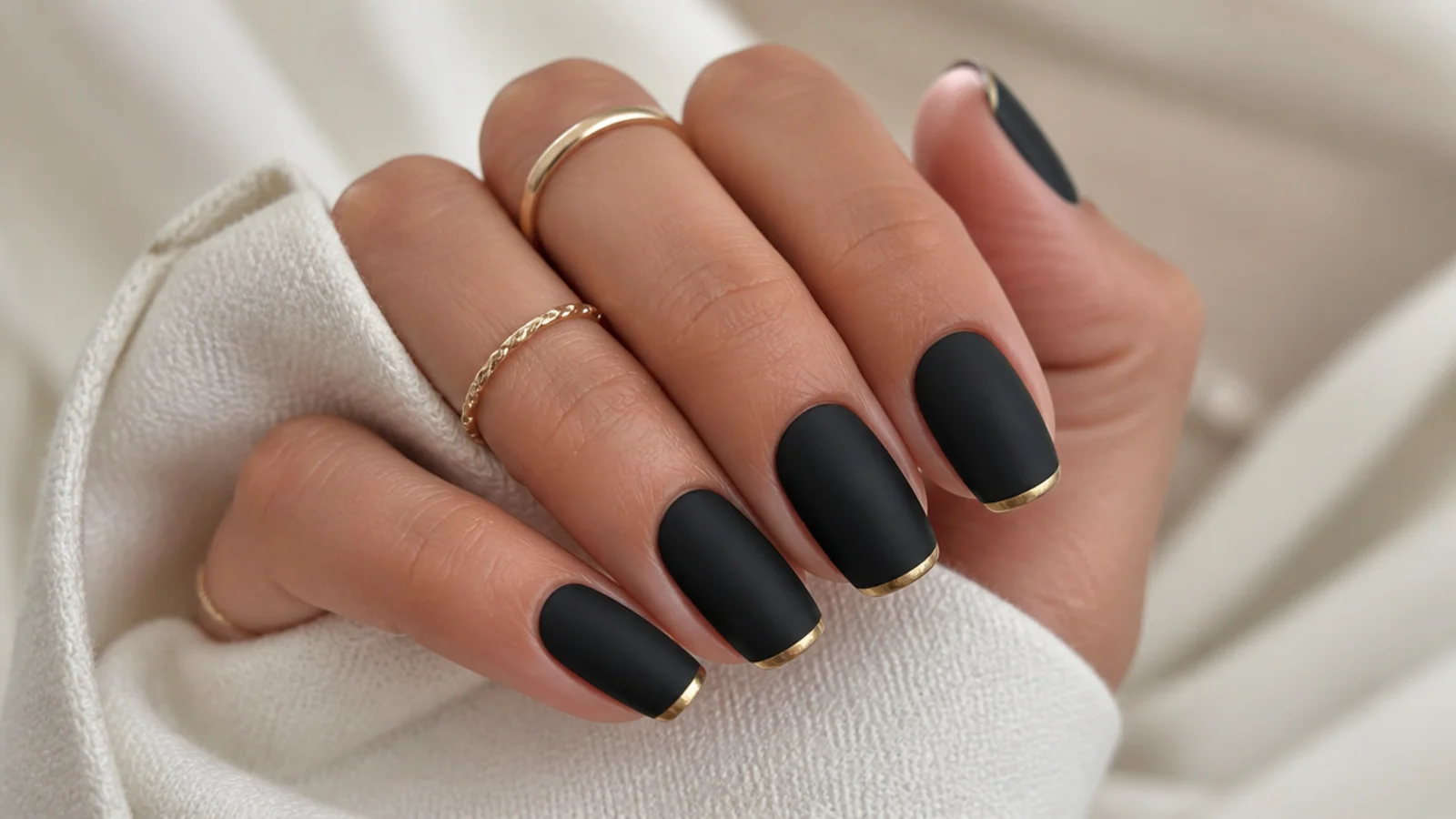 Matte black nails with thin metallic gold French tips