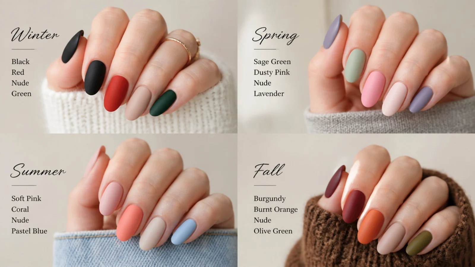 Matte nail swatches in black, red, nude and green by season
