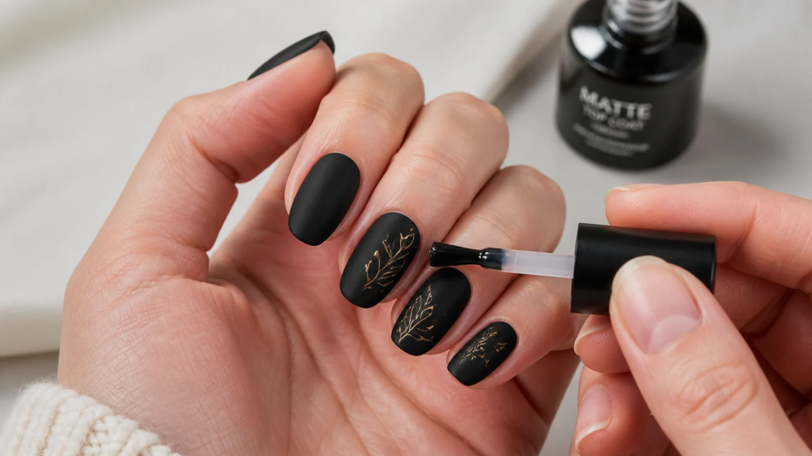 A matte gel top coat being brushed over black gel before curing