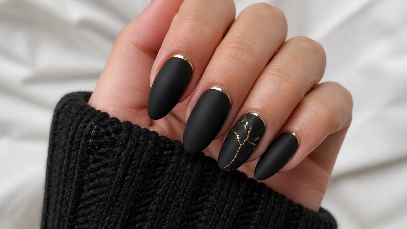 A well-kept matte black gel manicure showing lasting velvety finish
