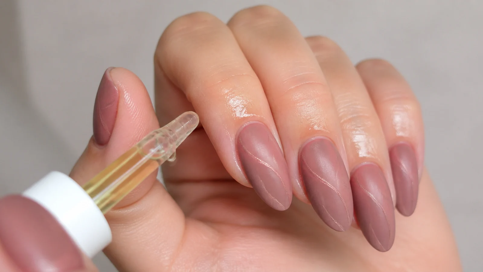 Cuticle oil applied around the nail, not across the matte surface