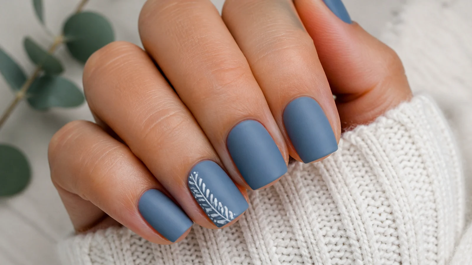 Soft matte medium blue denim nails on short square tips