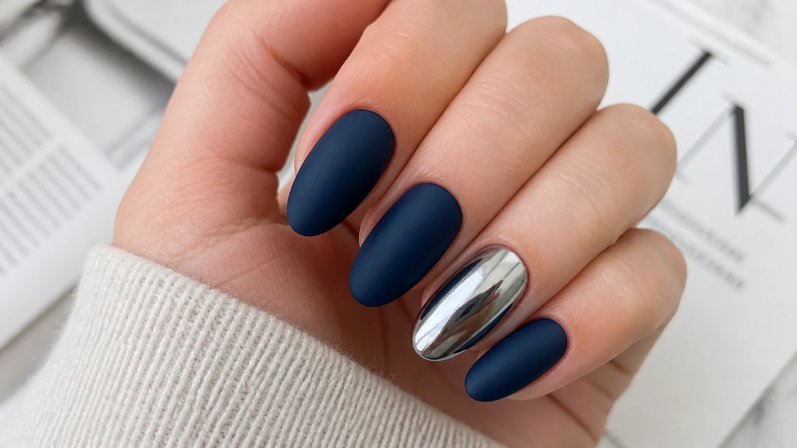 Matte navy nails with one glossy chrome silver accent nail