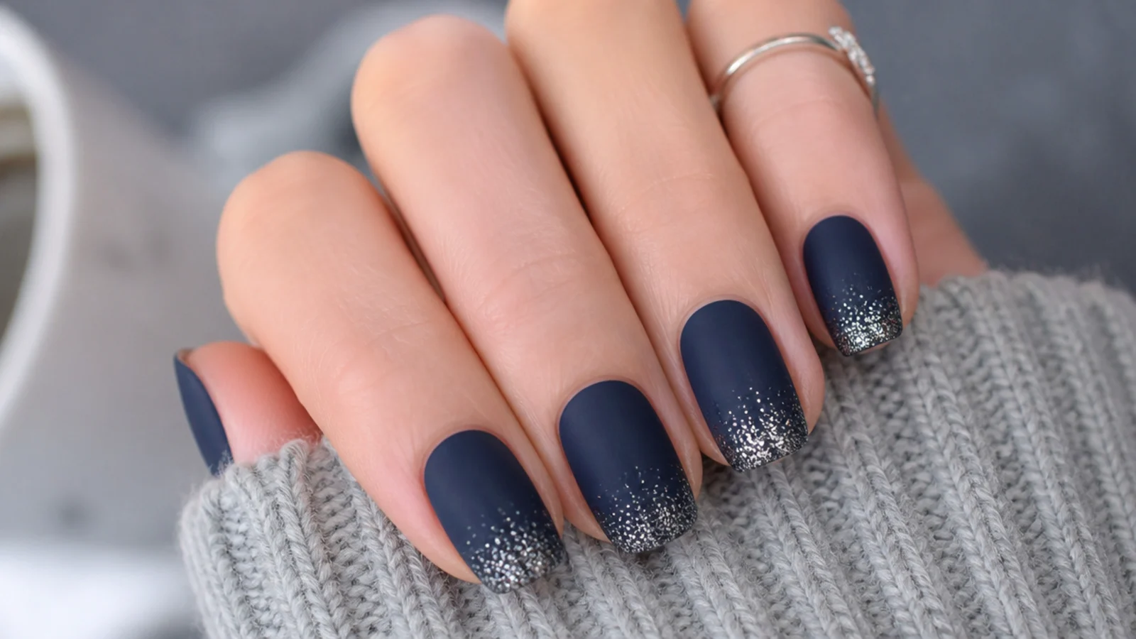 Matte navy nails with sparkly silver glitter gradient at the tips