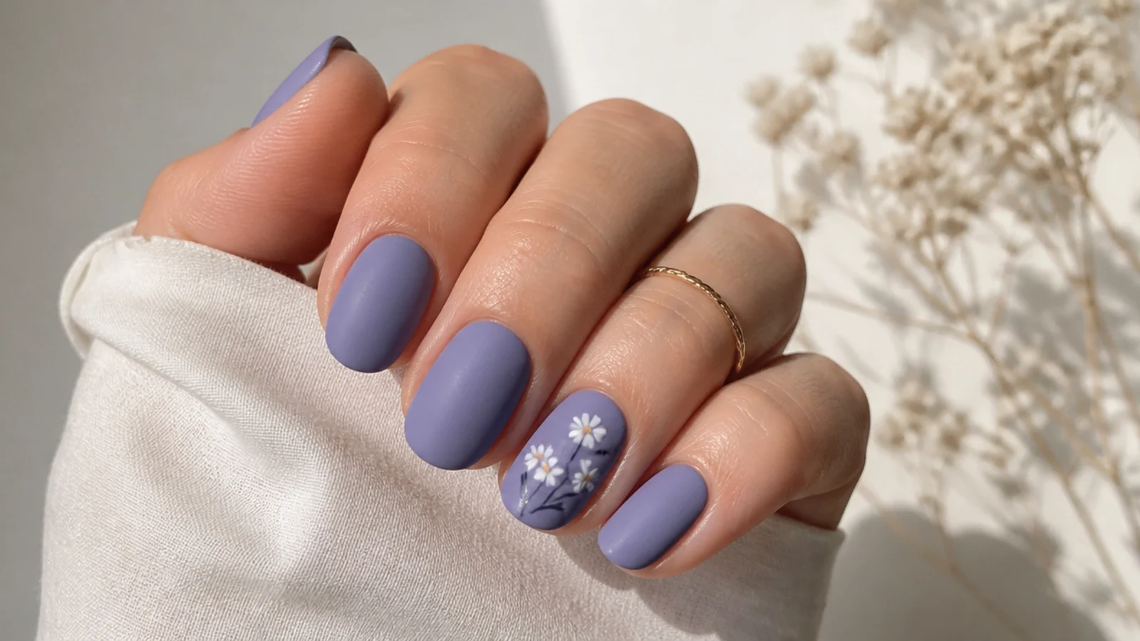 Matte periwinkle blue-purple nails on short almond tips