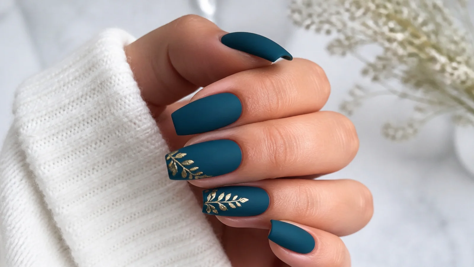 Matte deep teal blue-green nails on medium coffin shape
