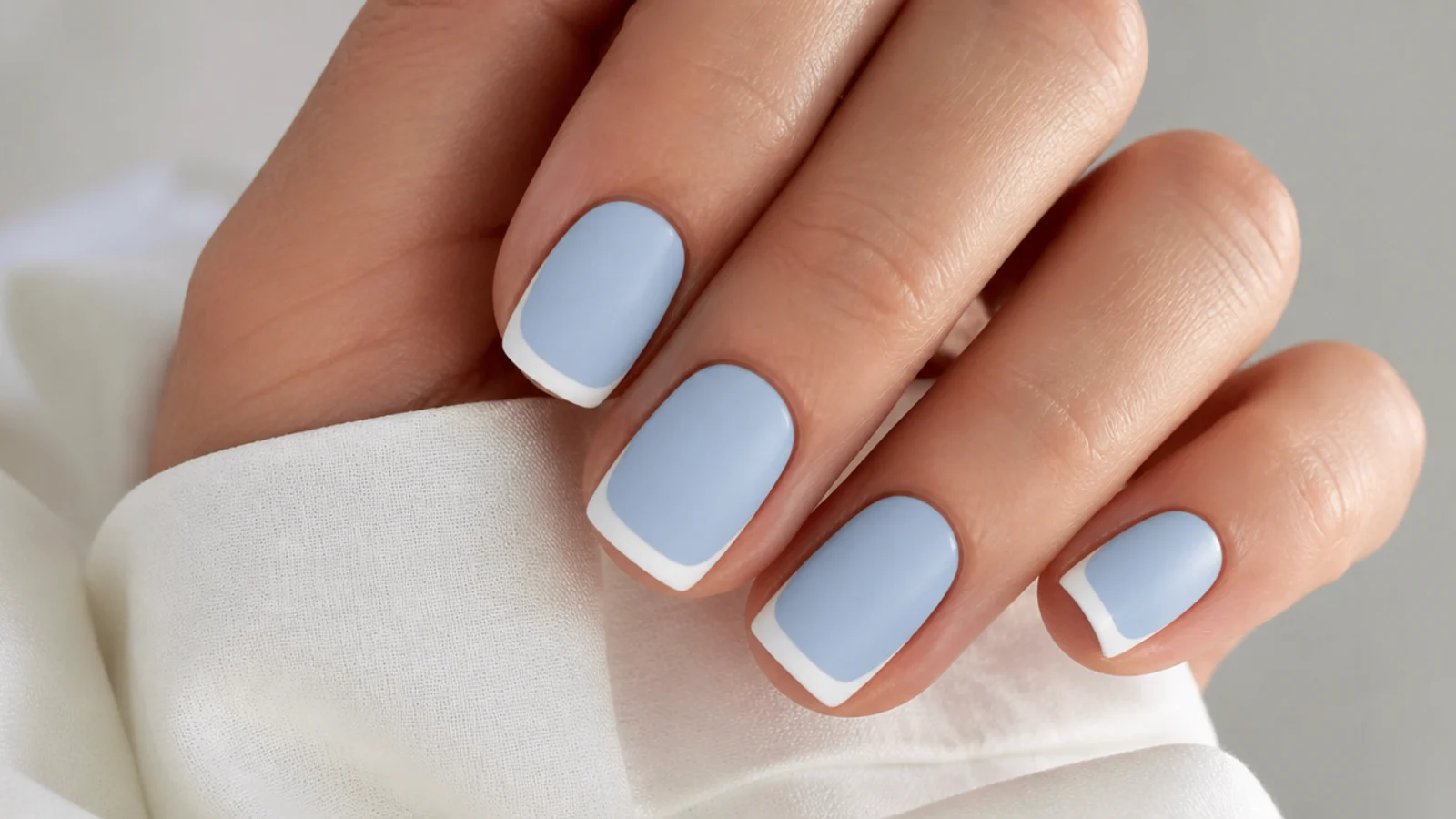 Matte baby blue nails with a crisp white French tip, short squoval
