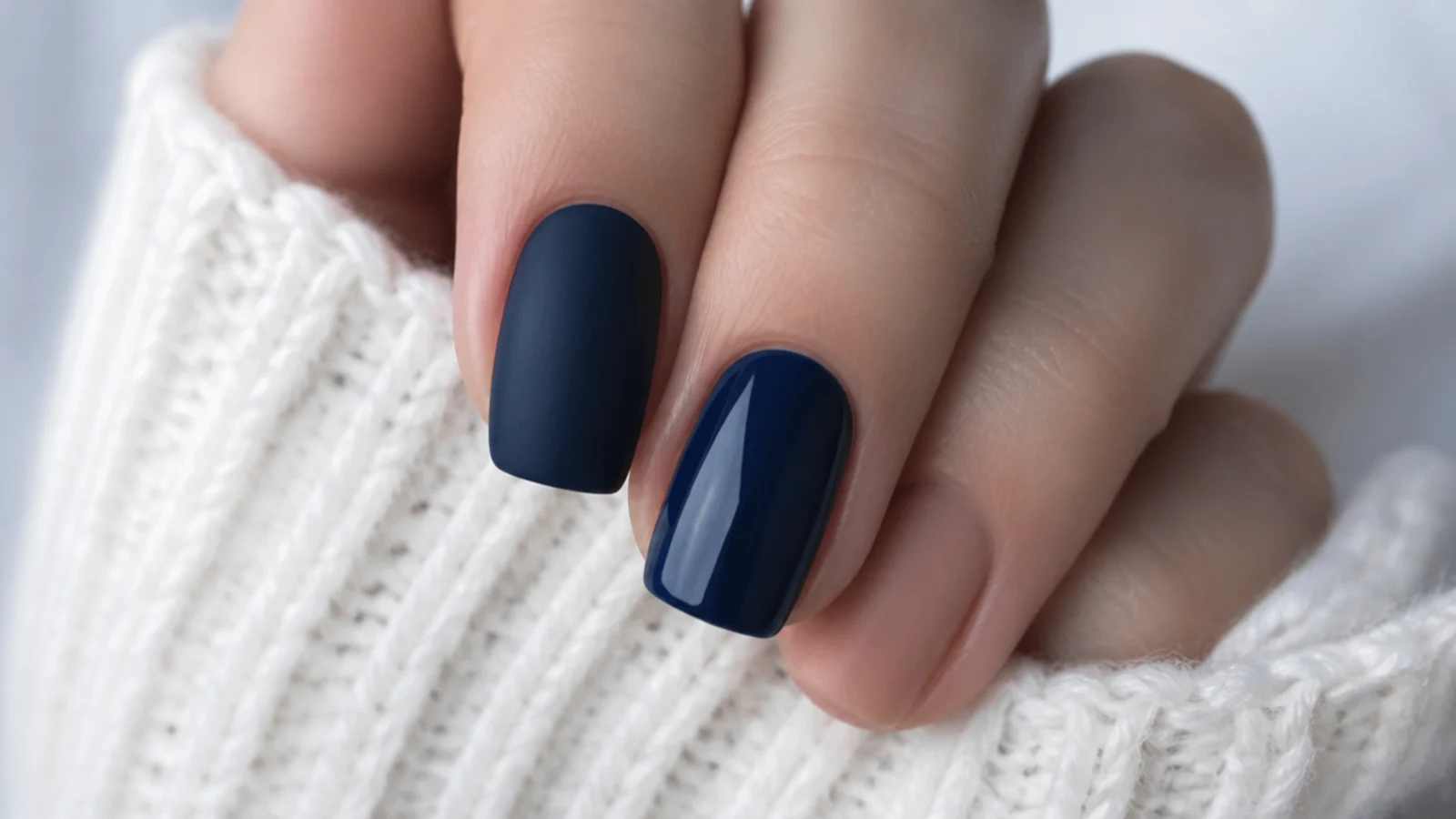 A matte navy nail beside a glossy navy nail for finish comparison