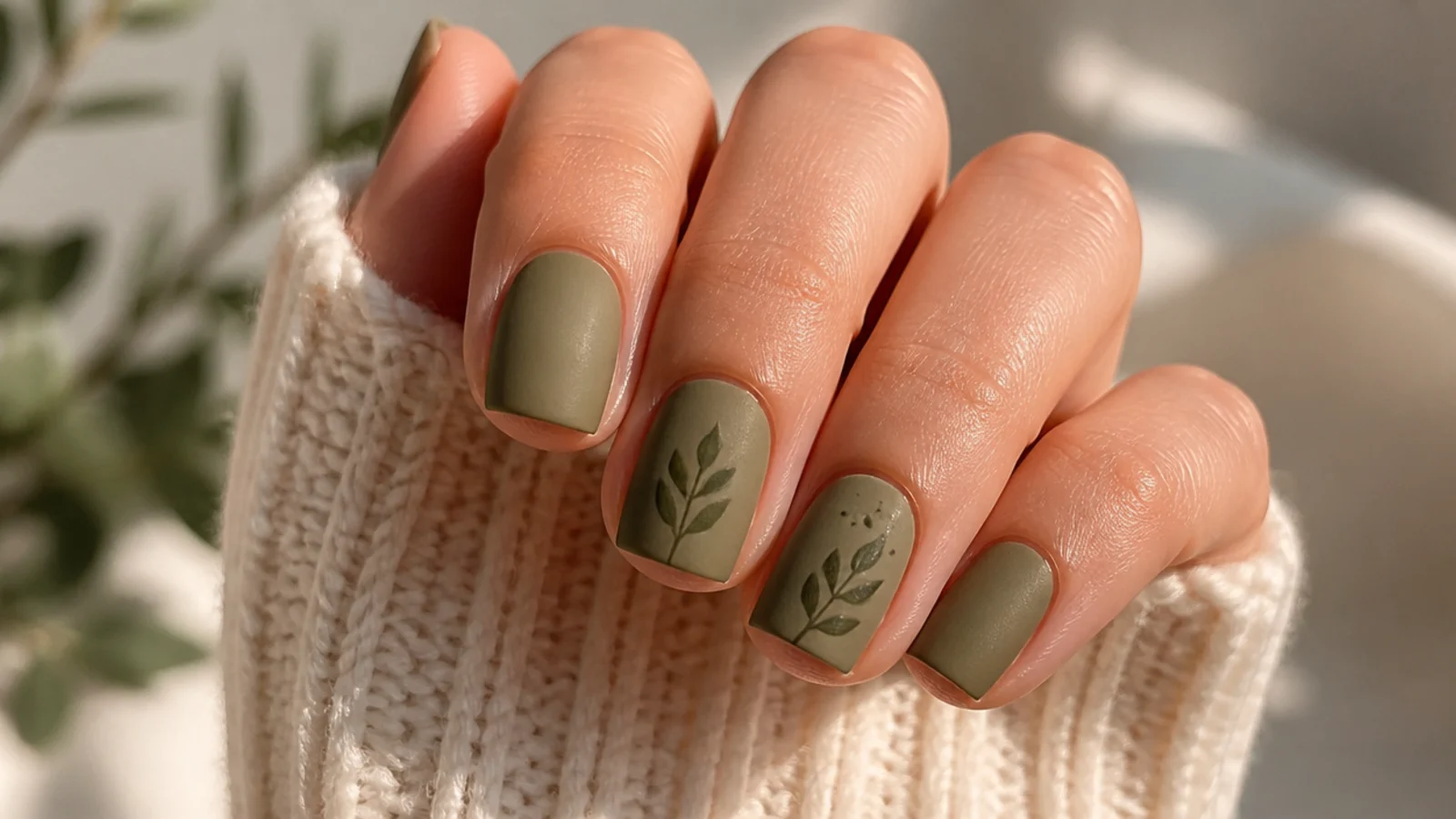 Warm matte olive green nails on short square nails
