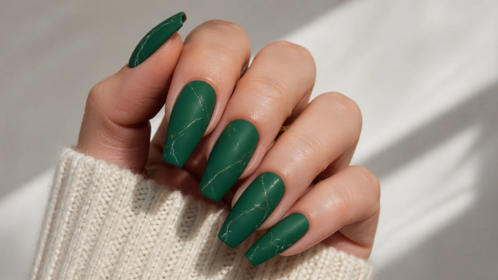 Rich matte emerald green nails on a coffin shape resembling polished stone