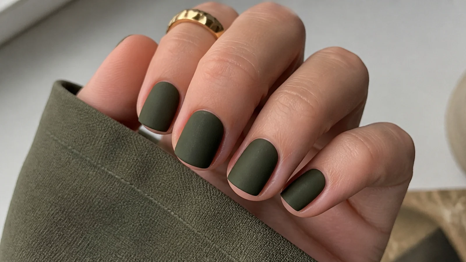 Deep army green matte nails on short square utilitarian nails