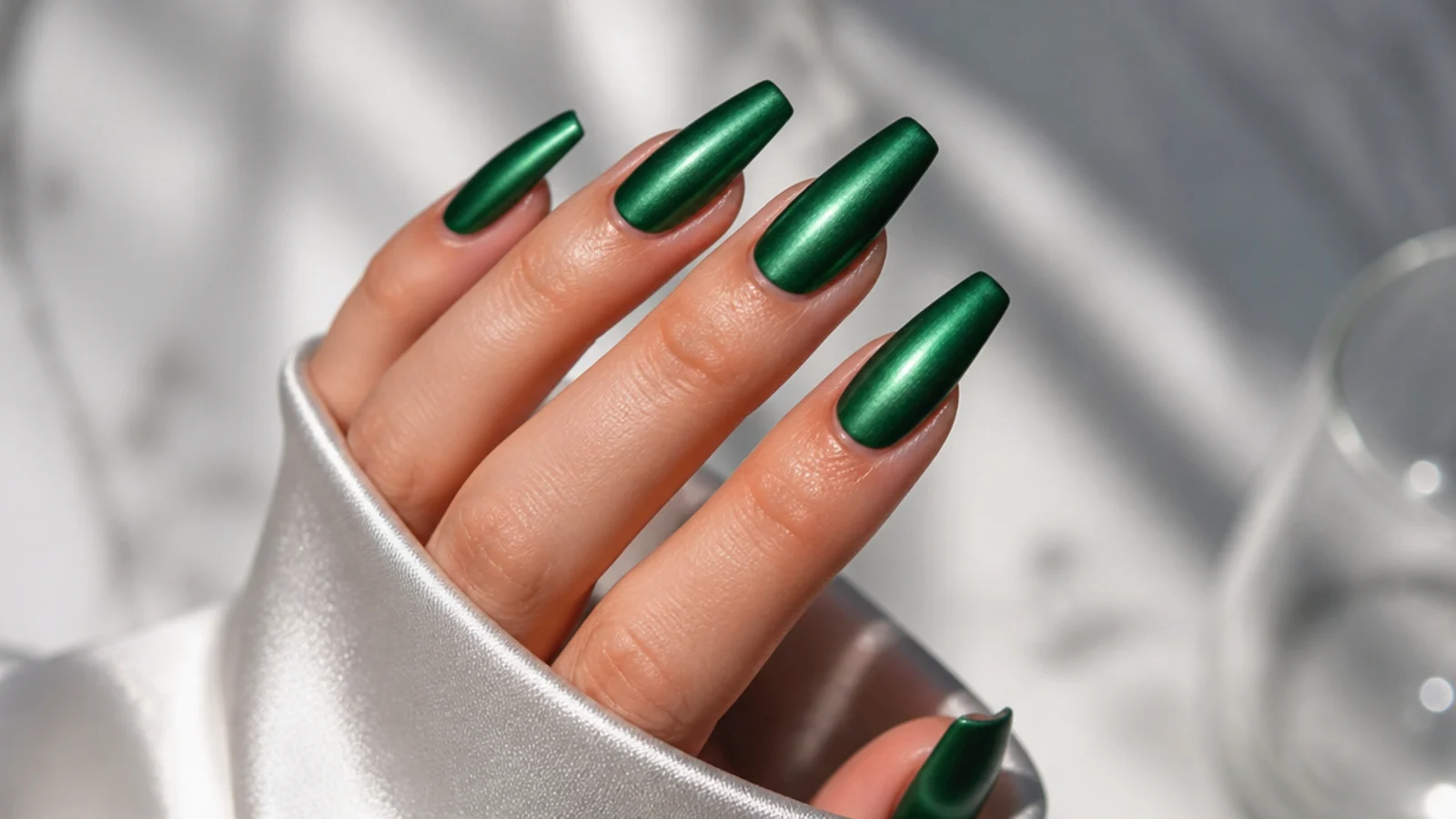 Matte chrome emerald green nails with a soft brushed-metal sheen on coffin nails