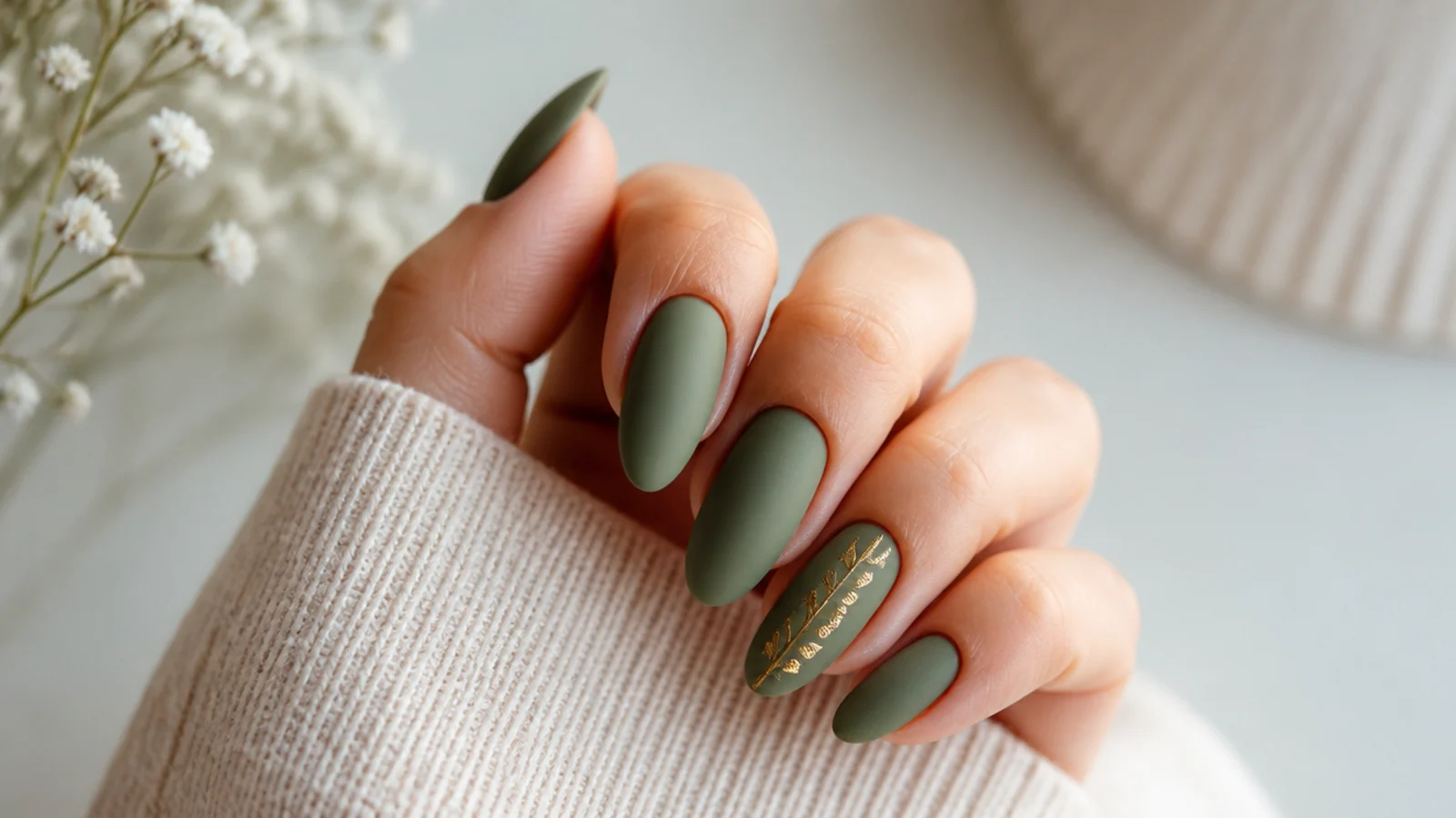 Matte olive green nails with one thin gold leaf accent line on almond nails