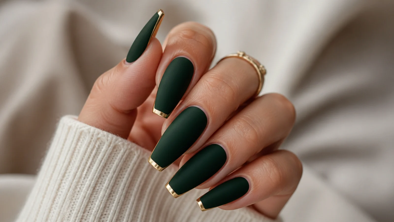 Matte dark green nails with thin metallic gold tips on coffin nails