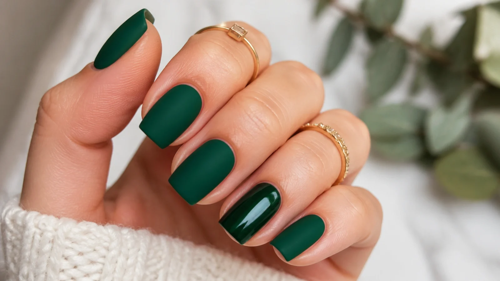 Matte emerald green nails with one glossy emerald accent nail on square nails