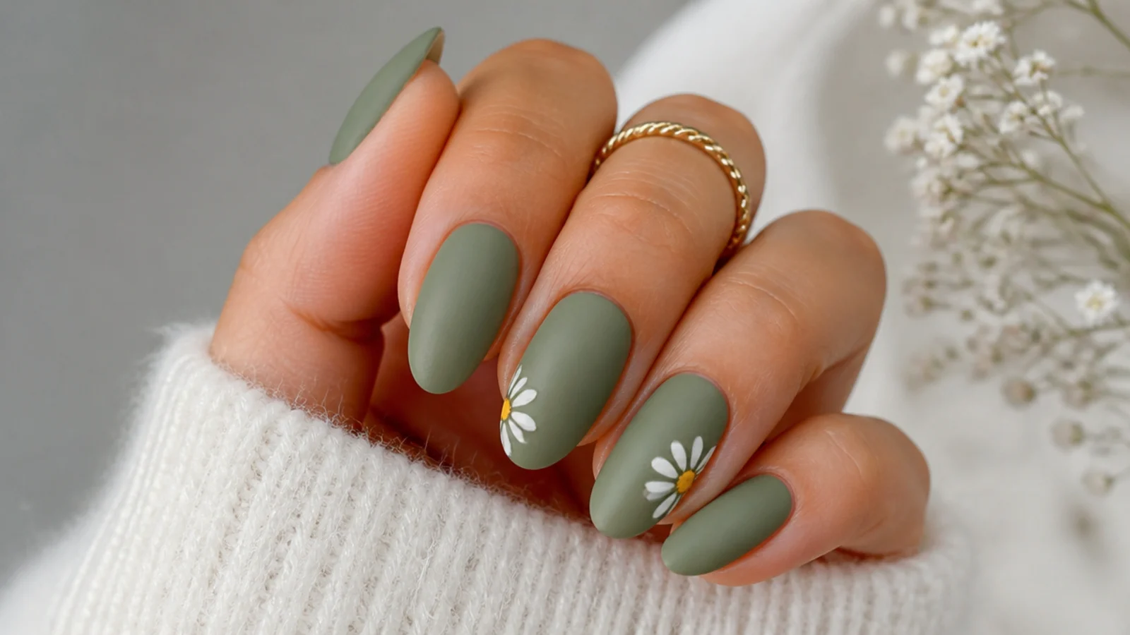 Matte sage green nails with tiny white daisy accents on almond nails