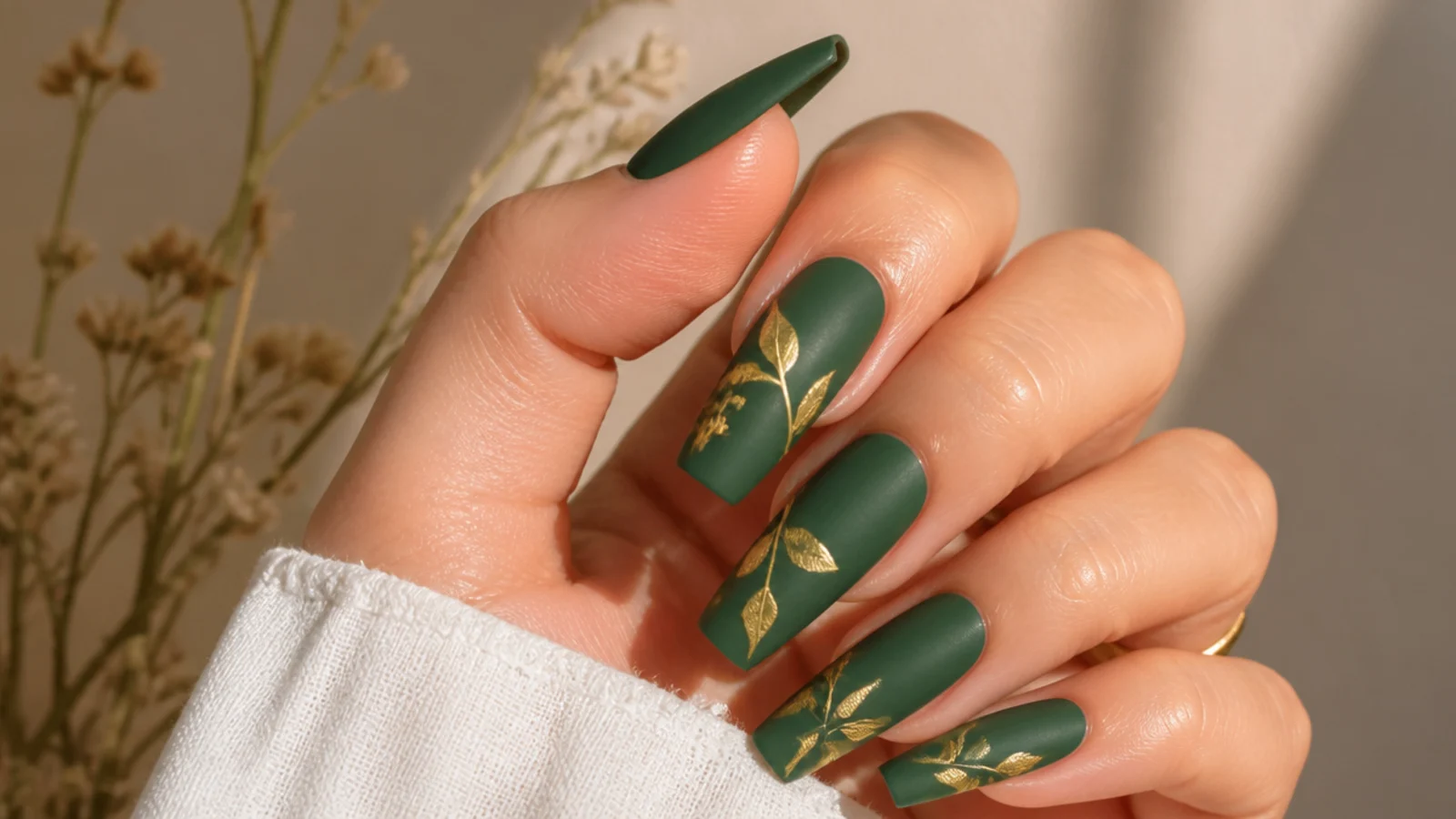 Matte forest green nails with delicate gold leaf botanical accents on coffin nails