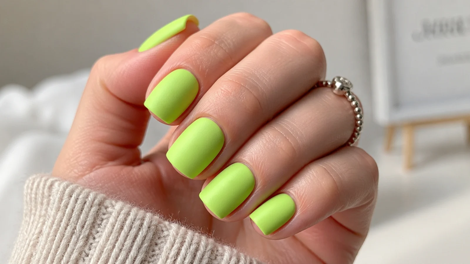 Bright matte lime green nails on short square nails