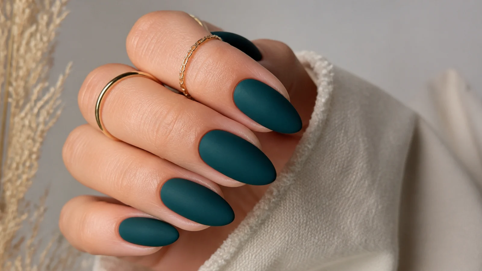 Deep matte teal green nails on almond nails