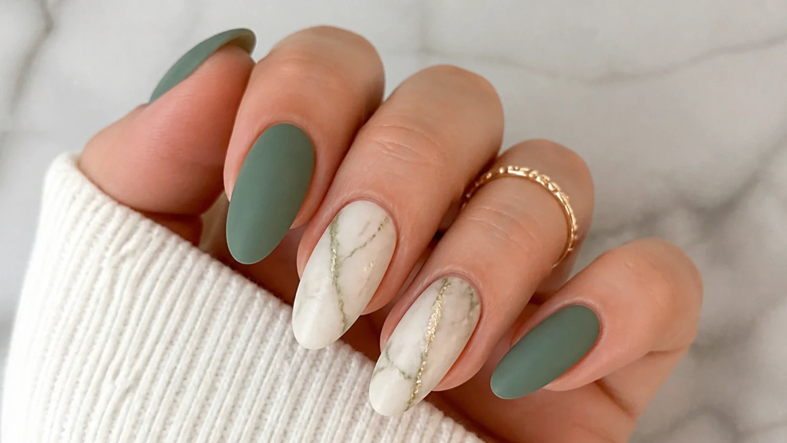 Matte green and white marble nails with soft veining on almond nails