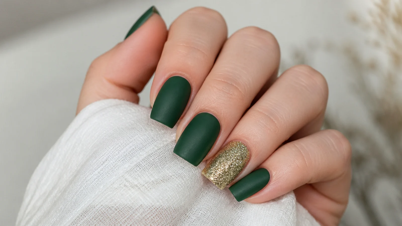 Matte forest green nails with one sparkling gold glitter accent nail on square nails