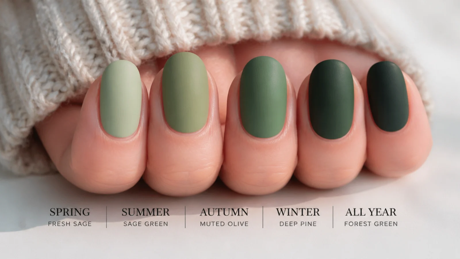 Matte green nail swatches from fresh sage to deep forest across the seasons