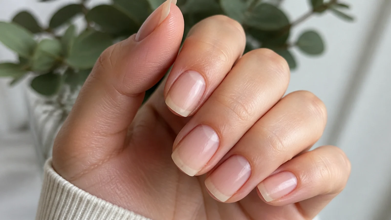 A healthy natural nail after a matte green gel set removed by soak-off