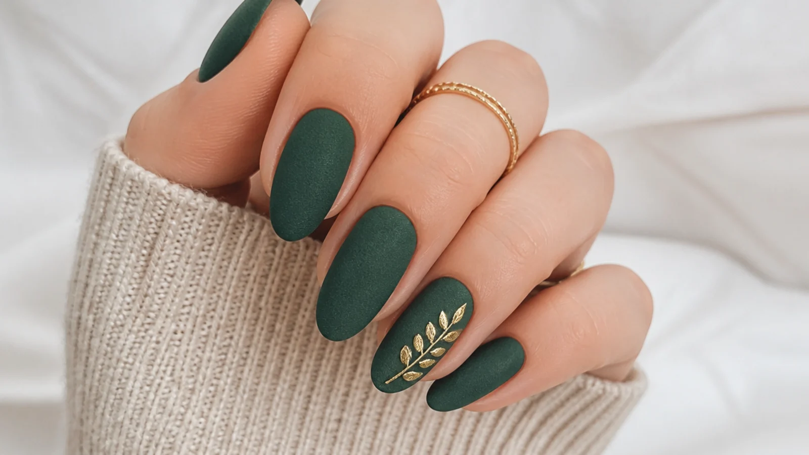 Velvety matte emerald green nails on an almond shape with a soft non-shiny finish