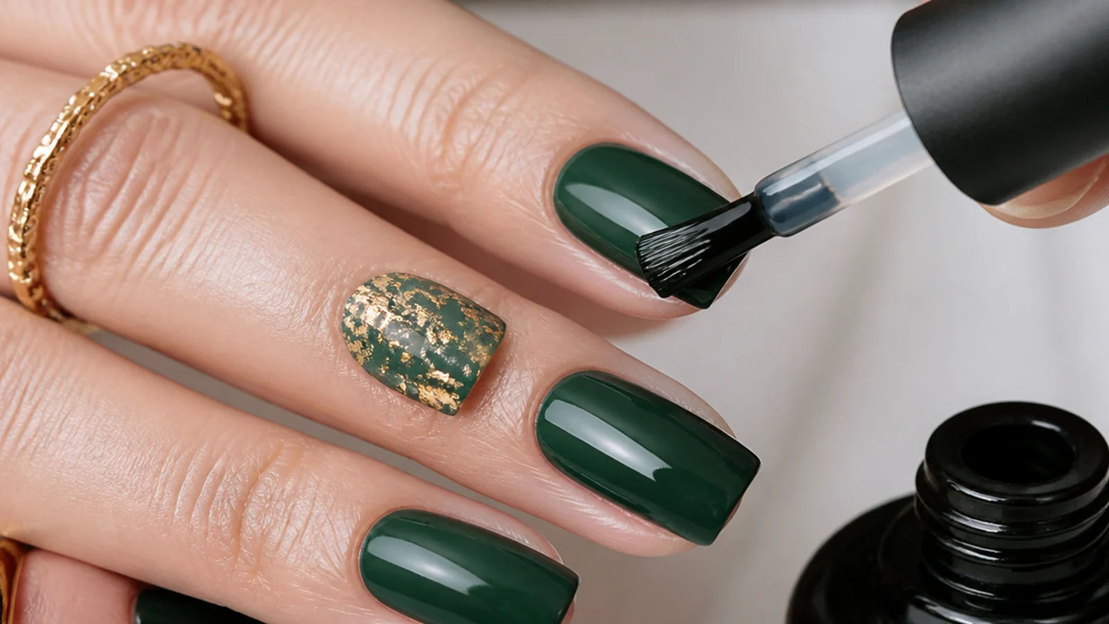 A matte gel top coat brushed over cured green gel before curing under a lamp