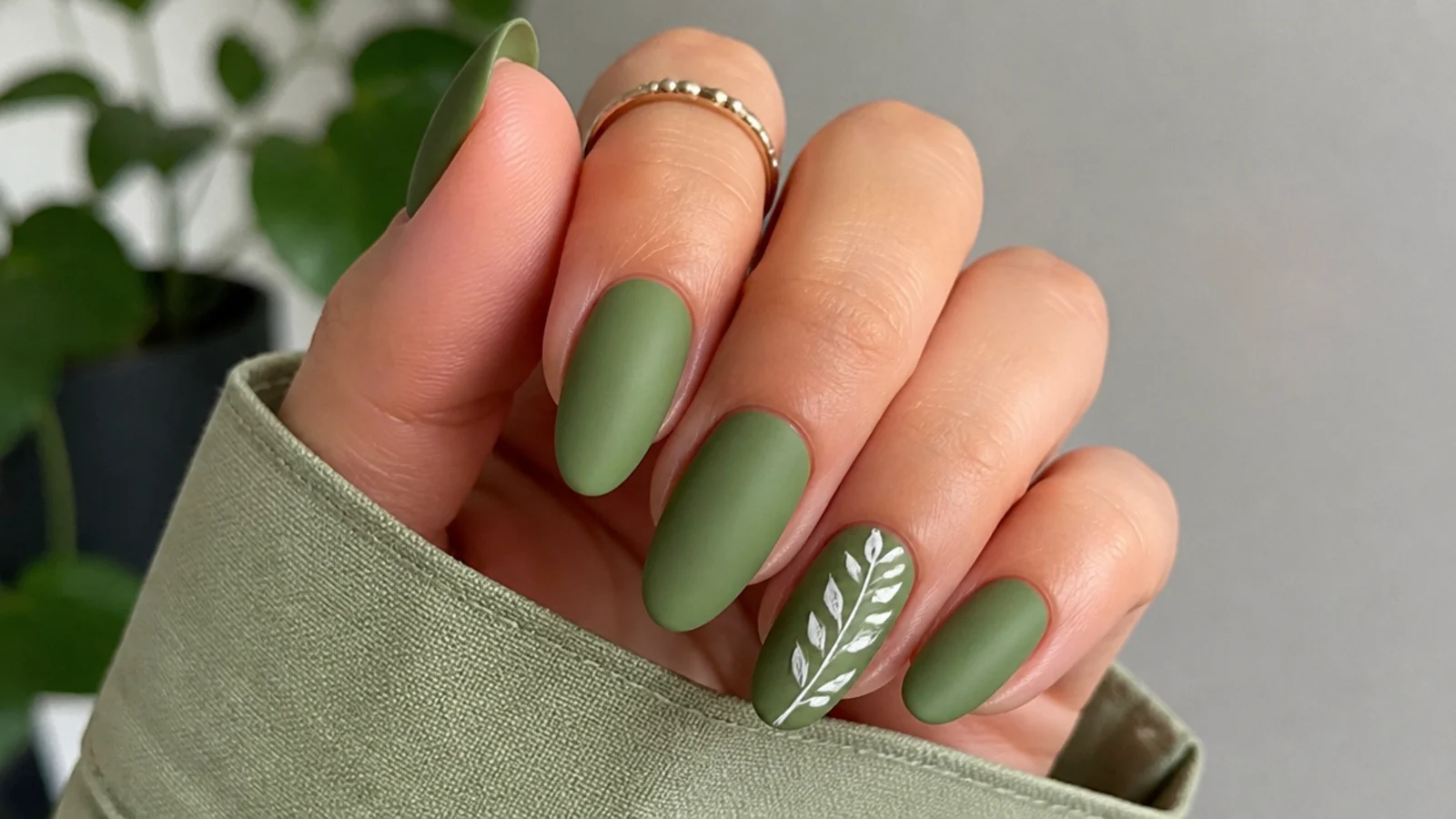 A well-kept matte green gel manicure with even velvety finish for longevity