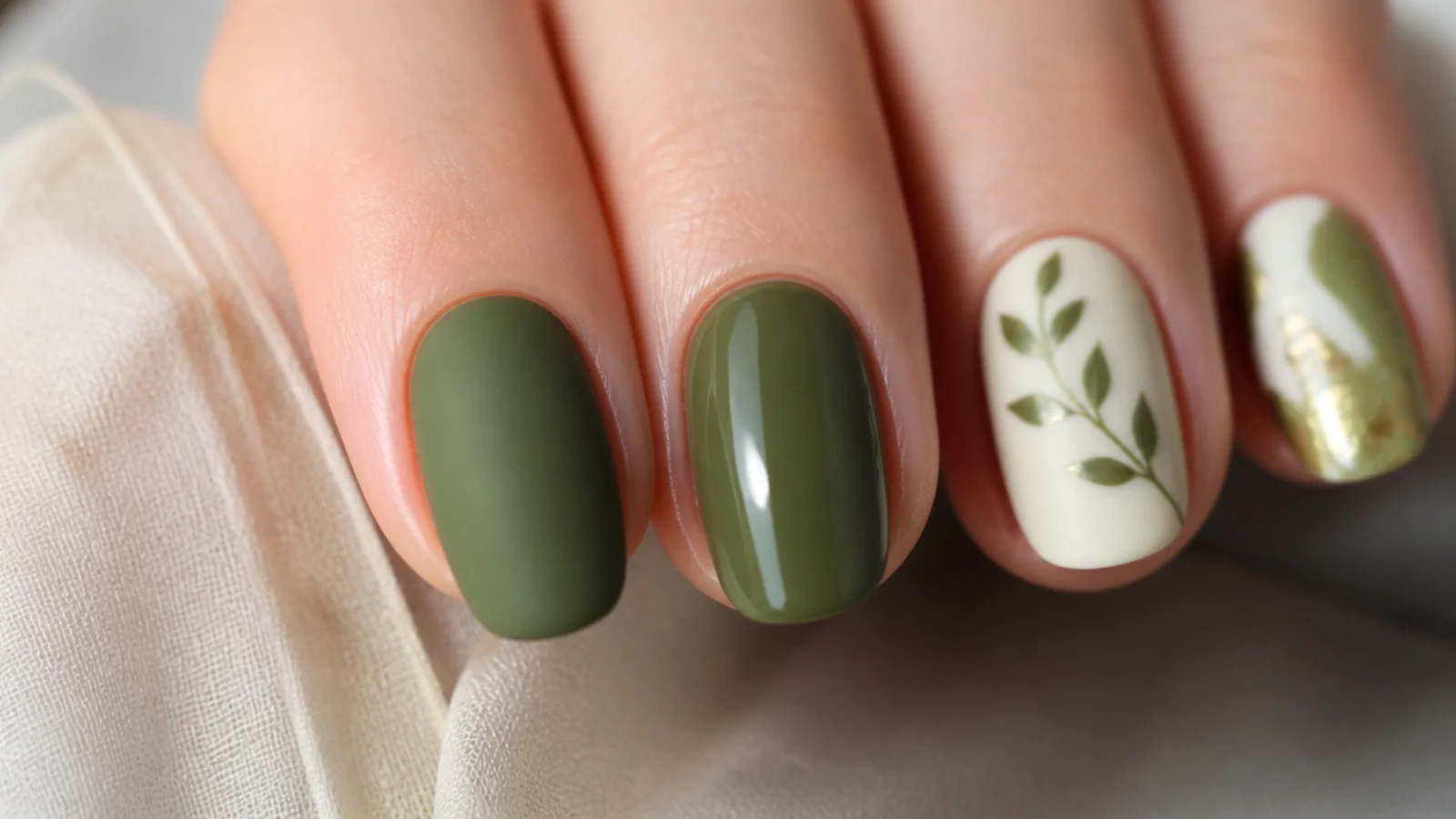 Half matte and half glossy green nail side by side showing the finish difference