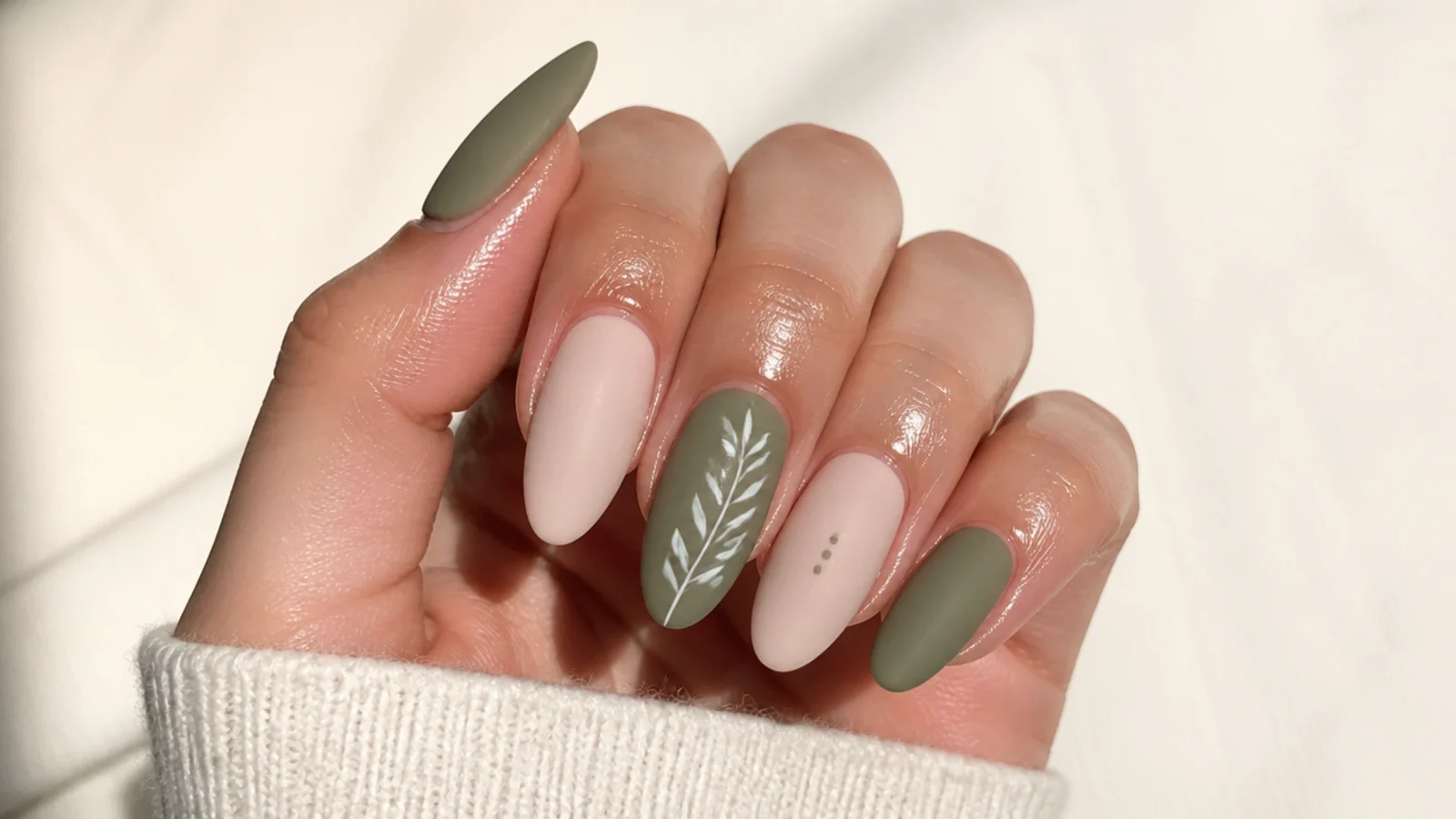 Cuticle oil applied around the nail, not across the matte green surface