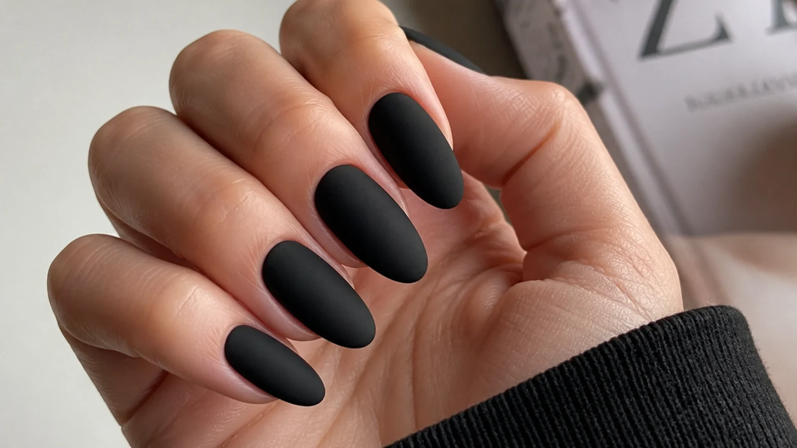 Soft velvety matte black almond nails with no shine