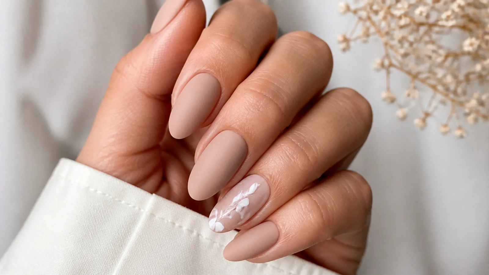 Soft matte nude almond nails on a neutral skin tone