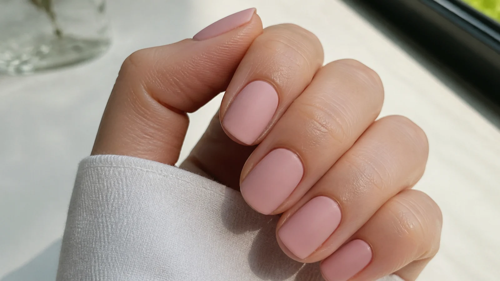 Soft matte blush pink short nails with a velvety finish