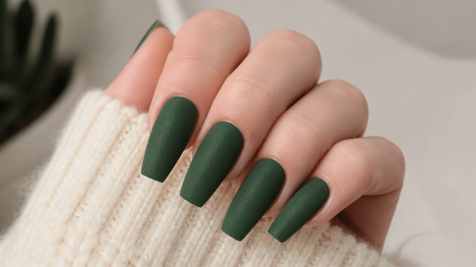 Deep matte forest green coffin nails with a suede finish