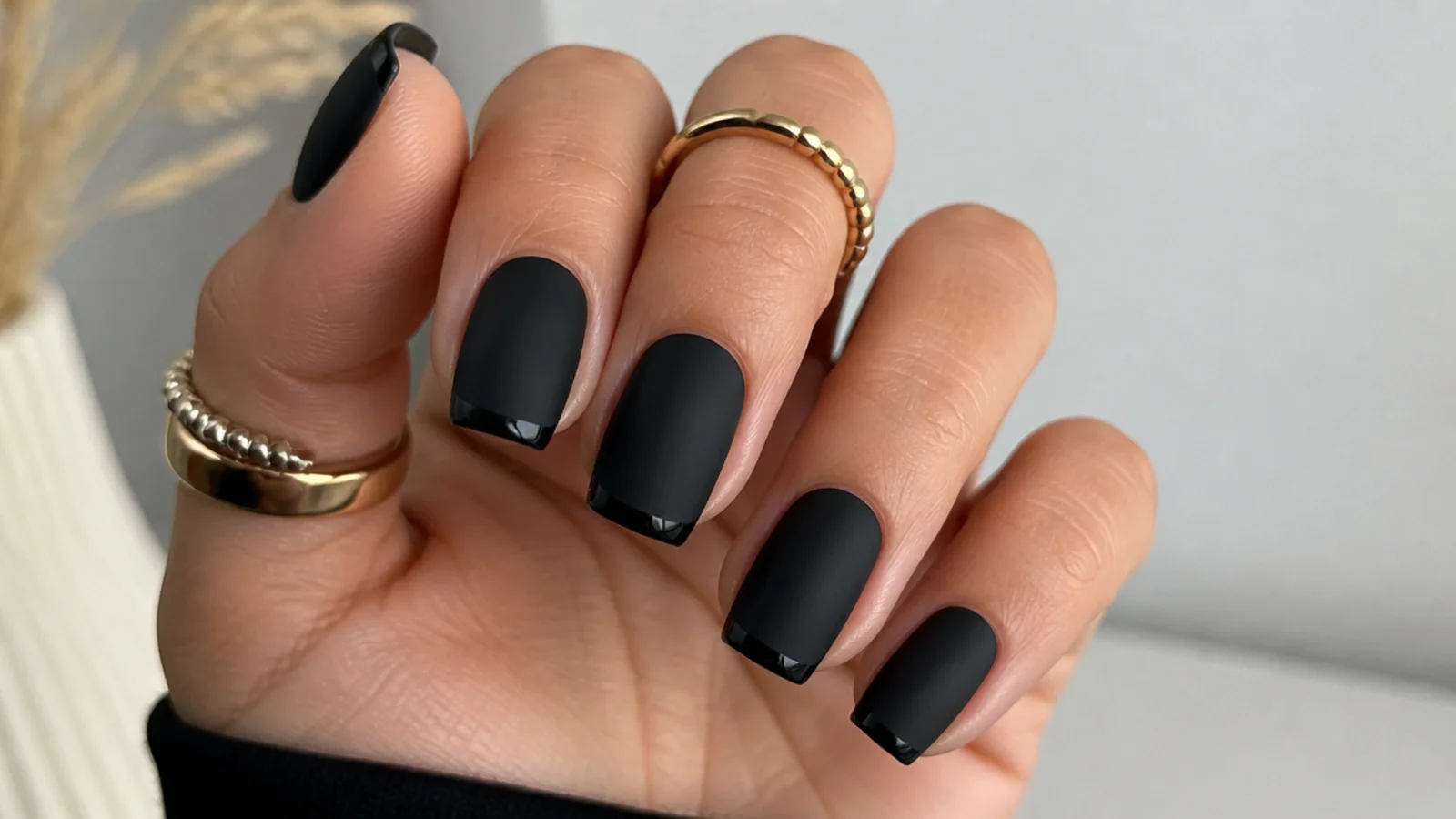 Matte black nails with a thin glossy black French tip accent