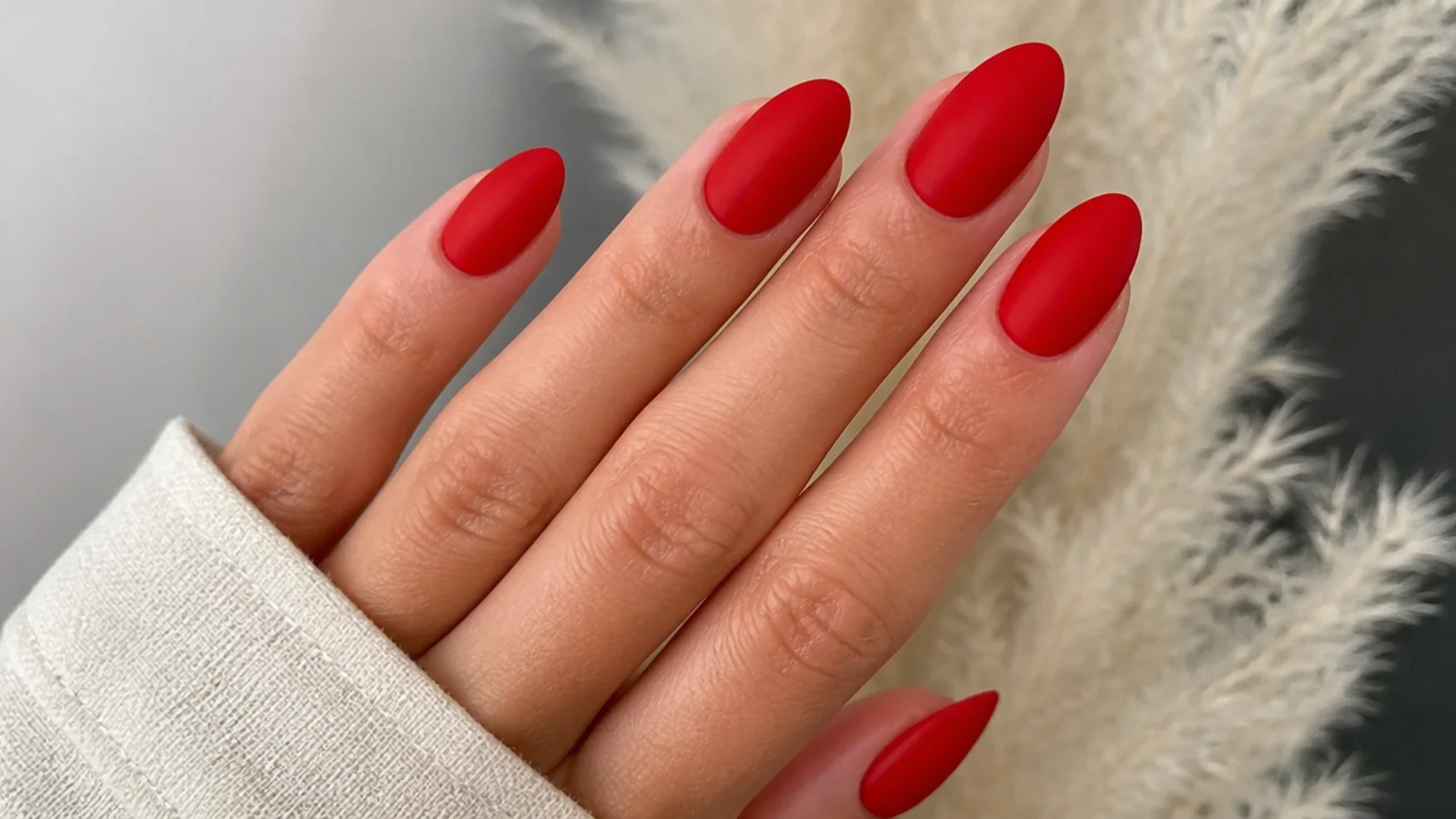 Bright matte true red almond nails with a flat finish