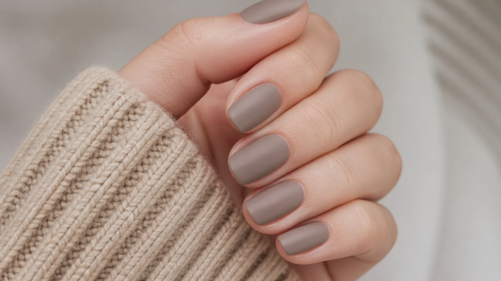 Soft matte taupe greige short nails with a velvety finish