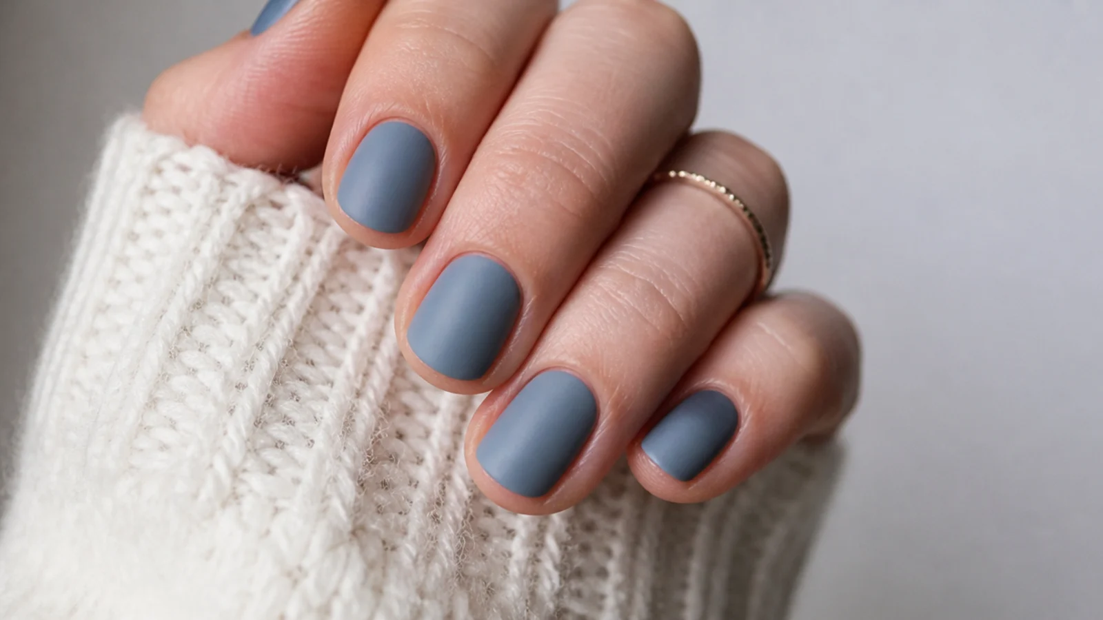 Soft matte dusty blue short nails with a chalky finish