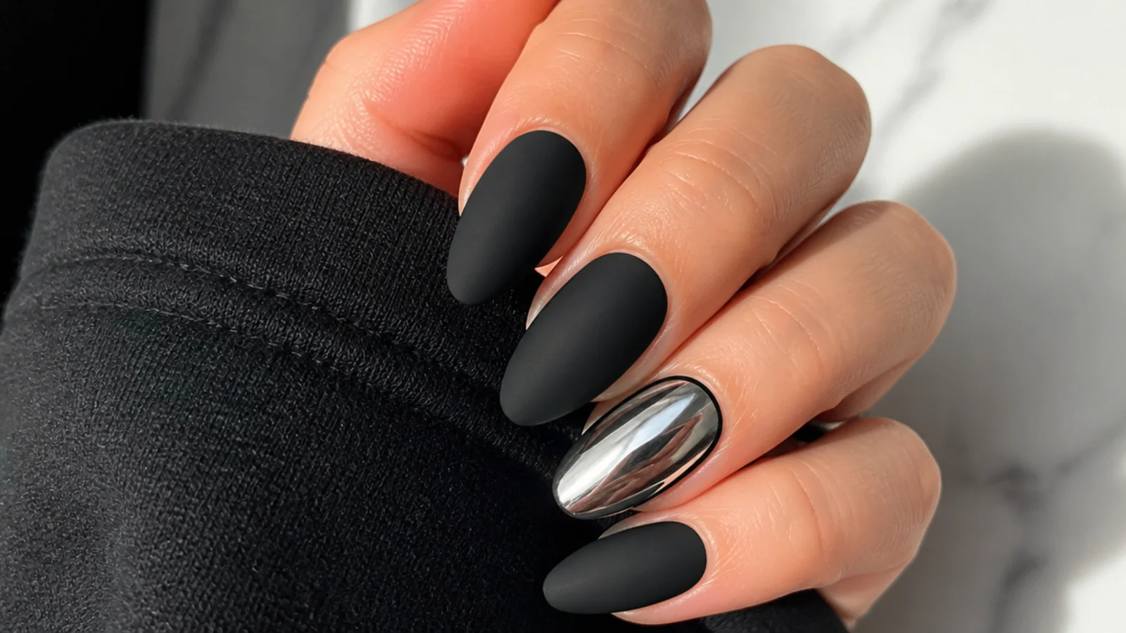 Matte black nails with one glossy chrome silver accent nail
