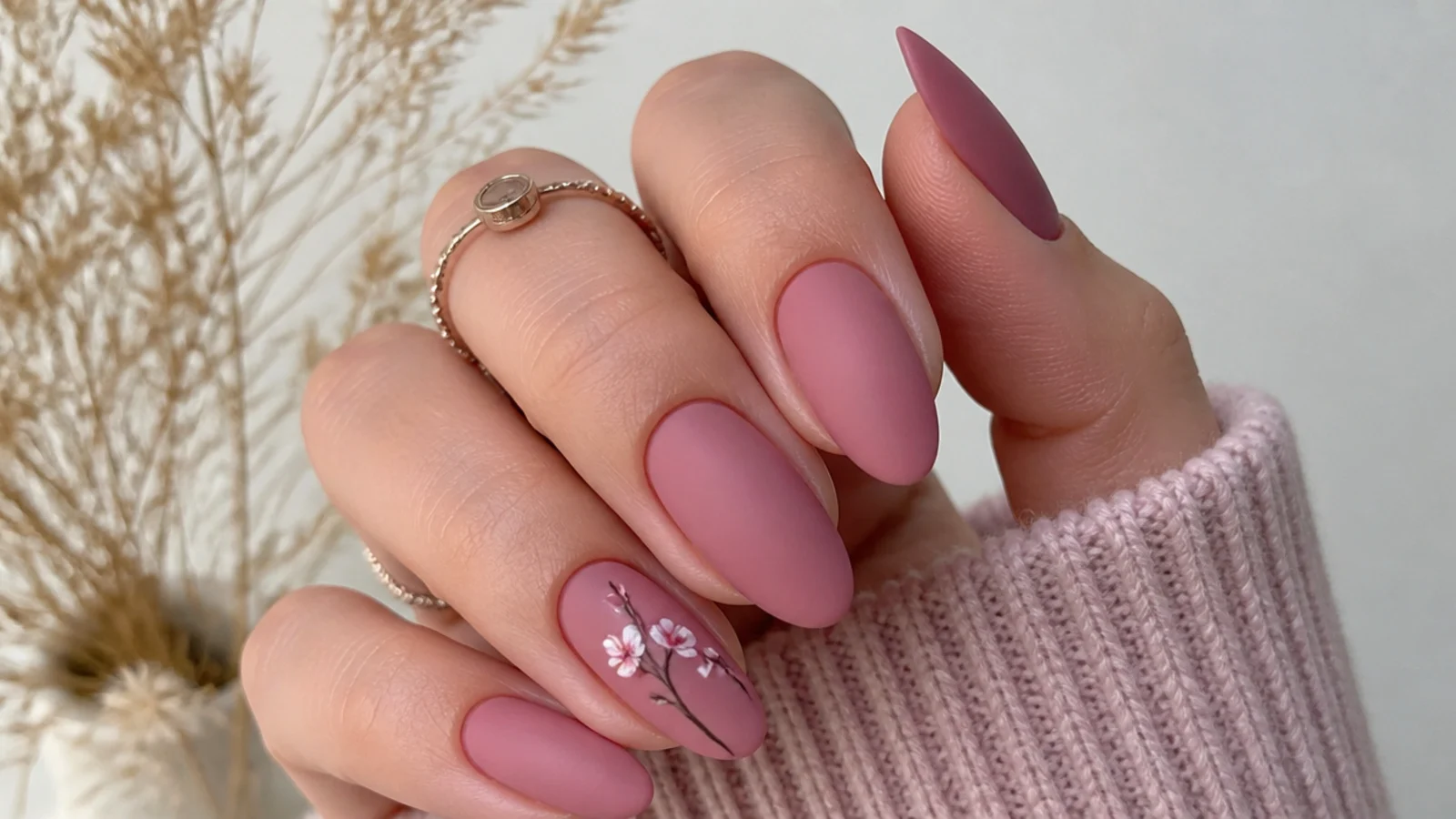 Soft matte mauve pink almond nails with a velvety finish