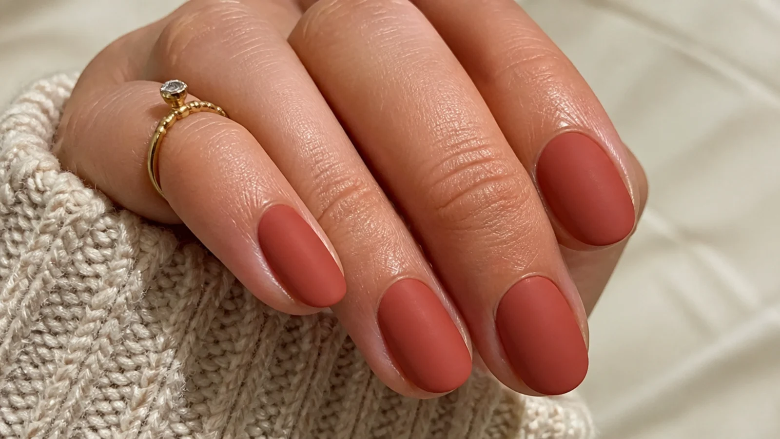 Warm matte terracotta rust short nails with a velvety finish