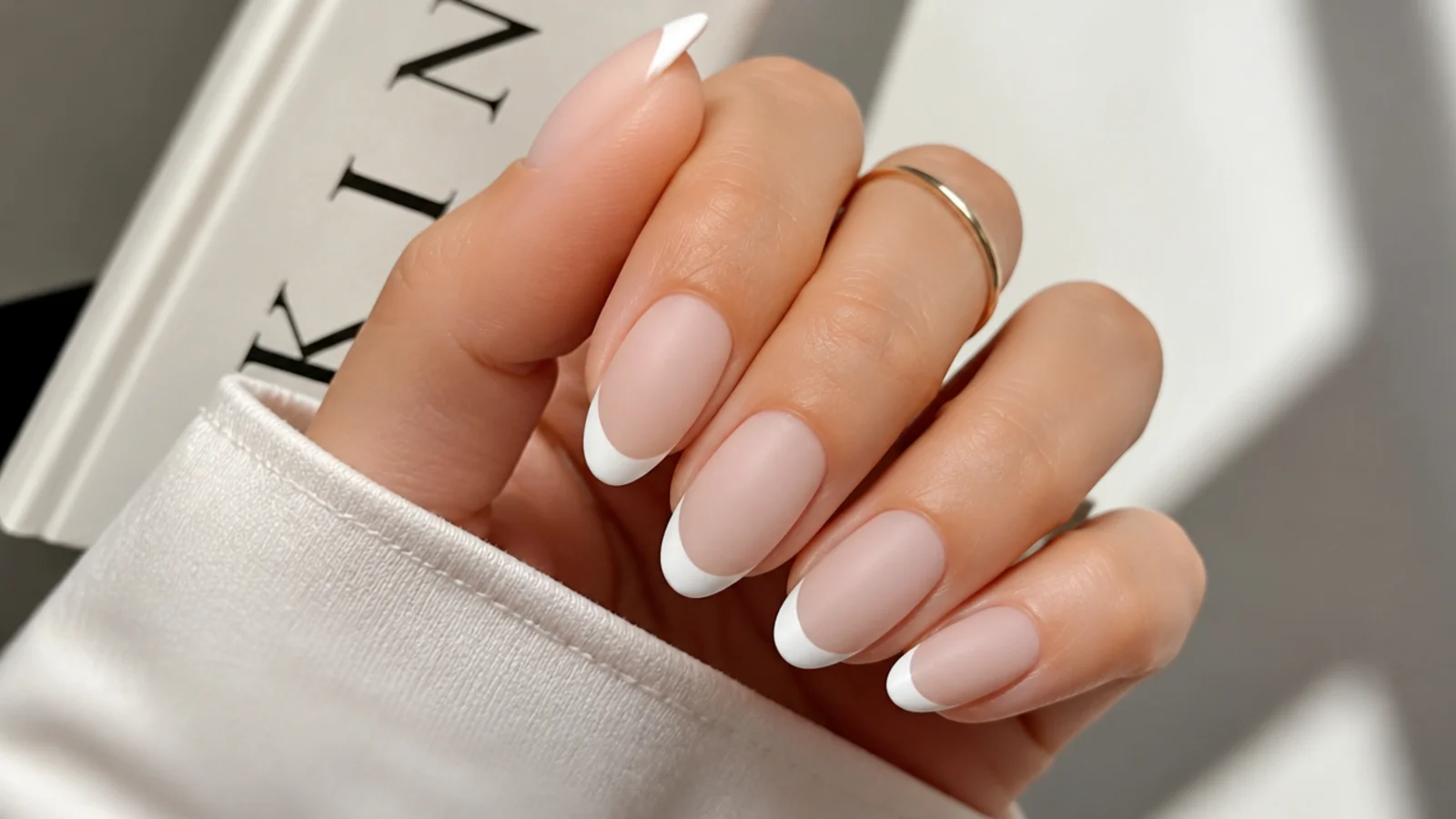 Soft matte nude nails with a white matte French tip