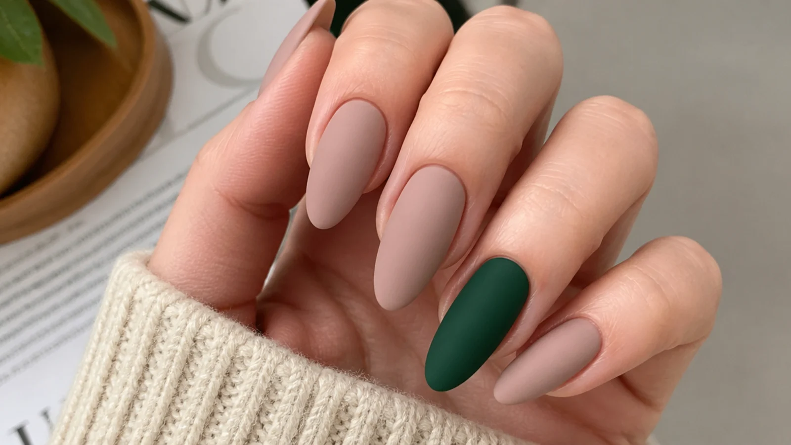 Matte nude nails with one deep matte emerald green accent nail
